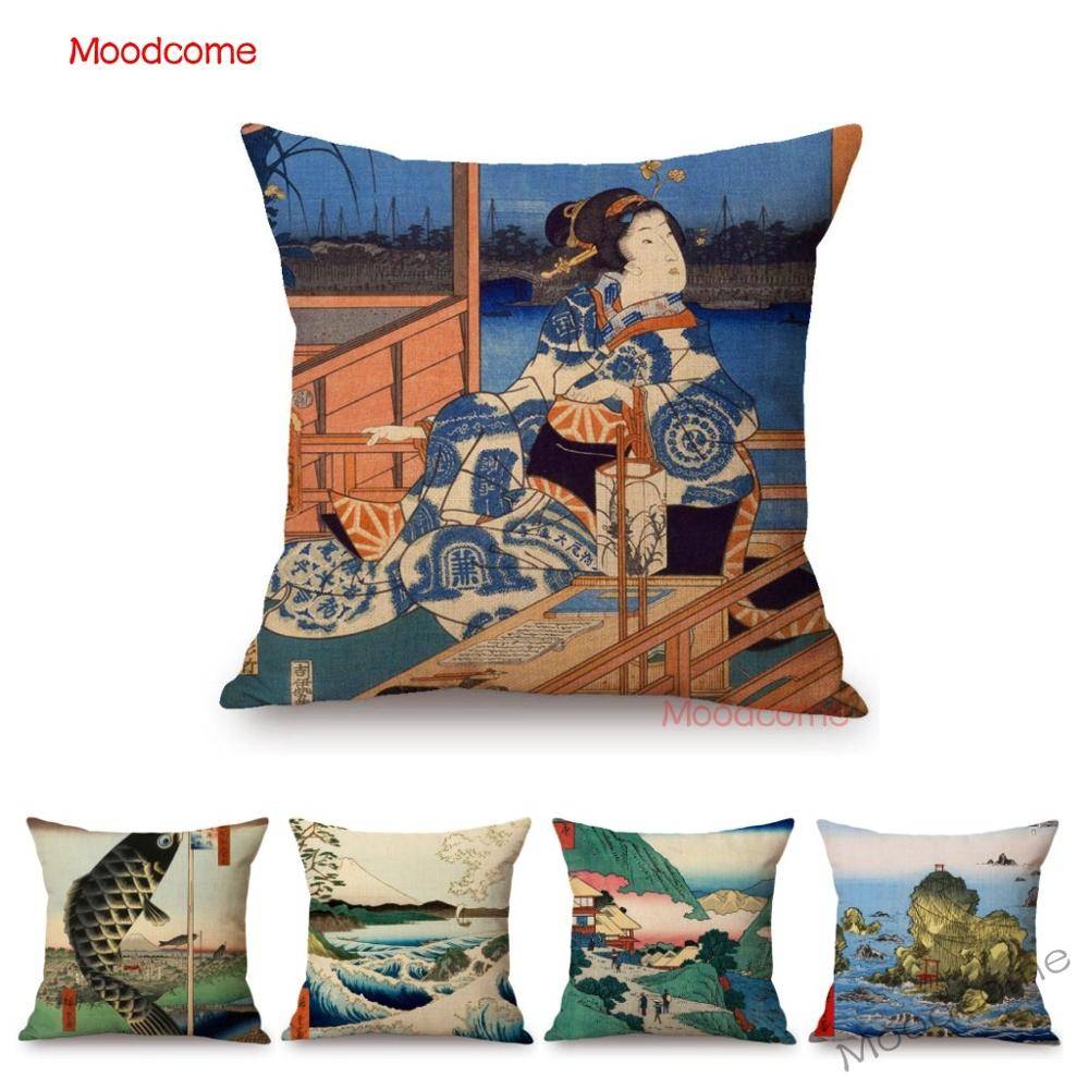 Japansk Ando Hiroshige Ukiyoe Asiatisk konst Geisha Vintage Exotisk dekoration Soffa Kuddfodral Bilkudde Linne Kuddfodral