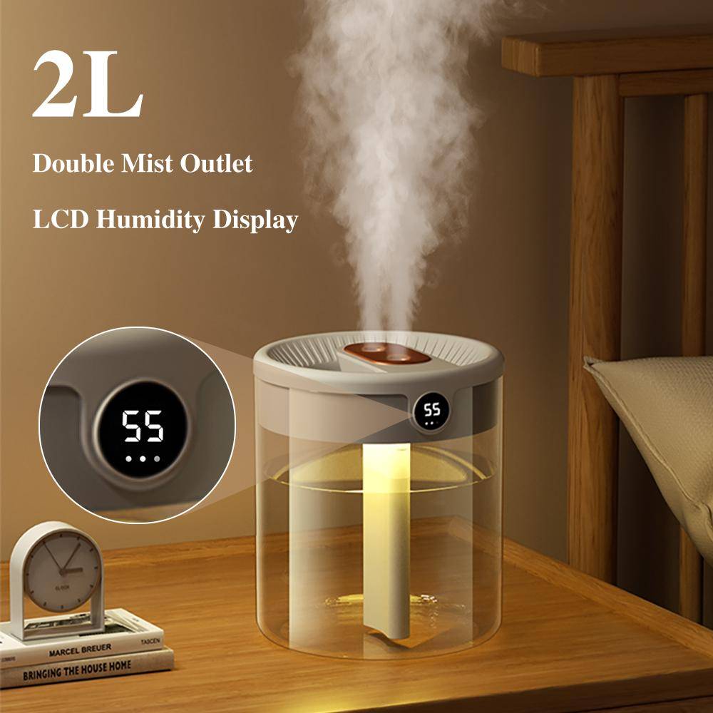 1 st Luftfuktare 2L dubbelmunstycke med stor kapacitet, med LCD-fuktighetsdisplay Doftande eterisk oljespridare HMM vit