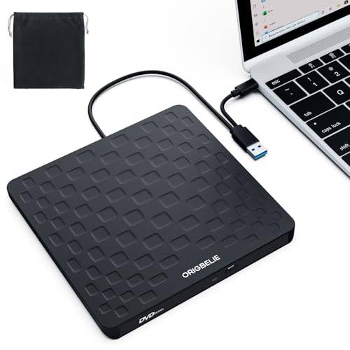 ORIGBELIE Extern CD DVD-enhet för bärbar dator, ultratunn 13 mm DVD-spelare | USB 3.0 & Typ-C CD DVD +/-RW-enhet CD-brännare läsare skrivare inspelare för stationär PC Windows 11/10/8/7 Linux Mac OS