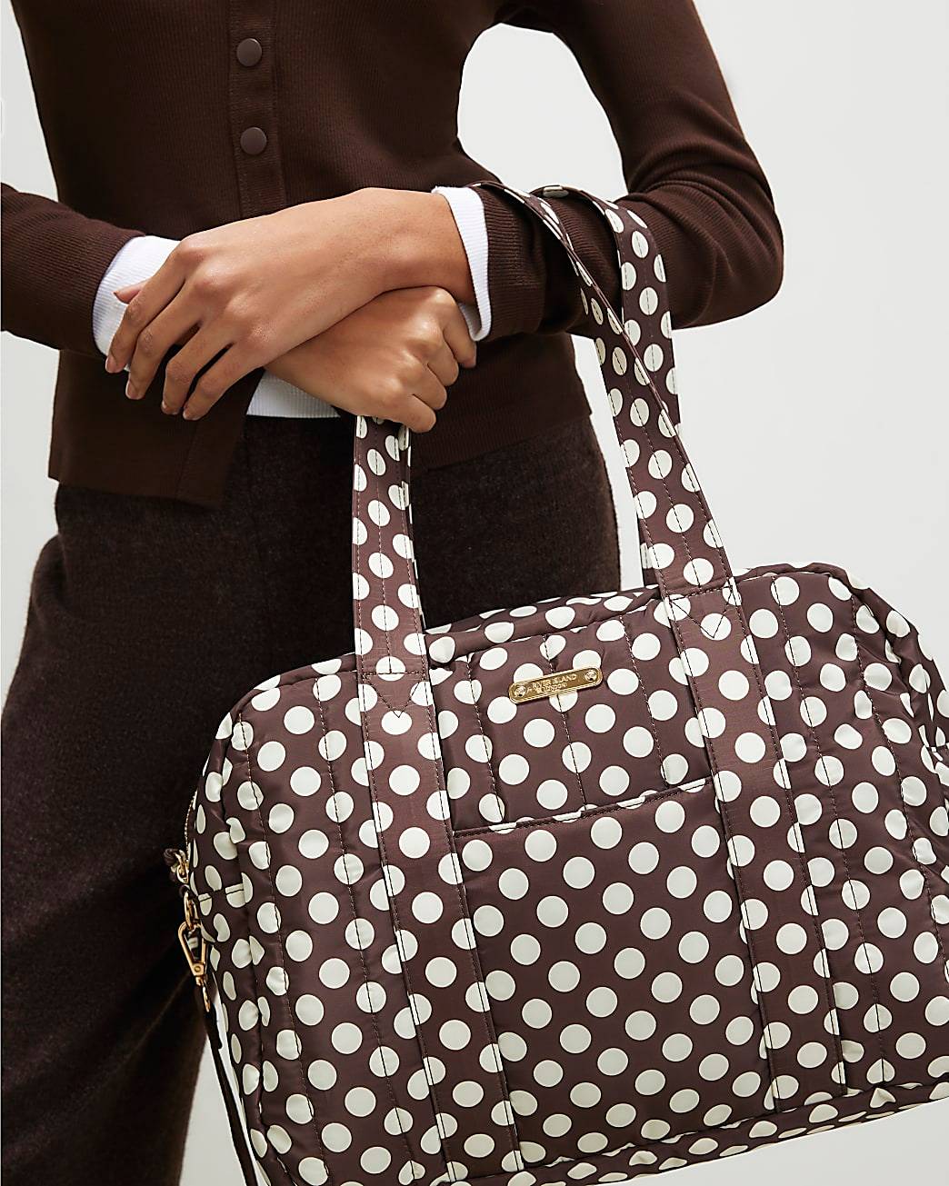 Brown Polka Dot Quilted Holdall Bag