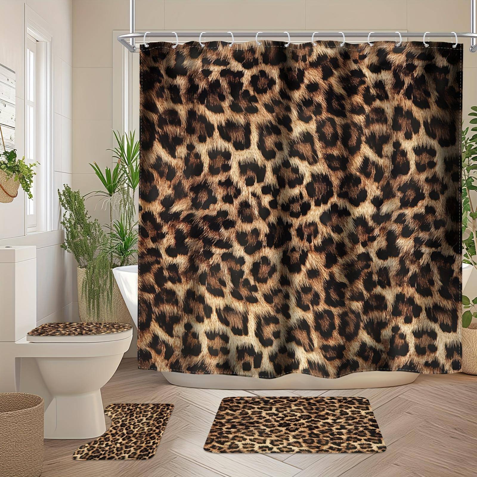 4-delat Badrumsduschdraperi Set Leopardmönstrat Badrumsdraperi Med 12 Krokar Halkfria Mattor Toalettlock Mat Badrumsavdelare black