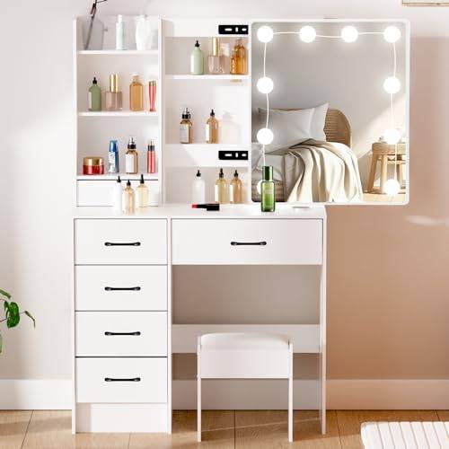 Dradaomull sminkbord med Hollywood LED-belysning, med spegel och pall, 6 lådor och 3 öppna fack, modern design, idealisk för sovrummet