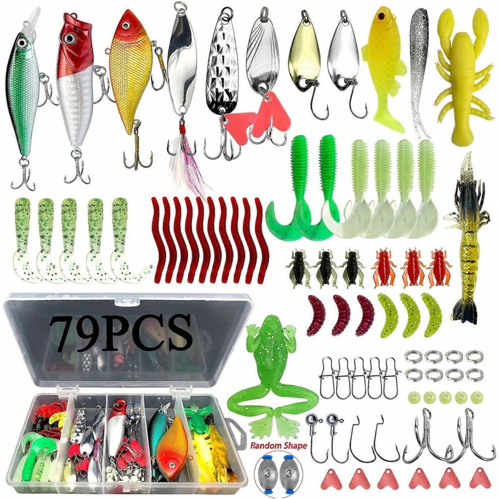 79pcs Fishing Lures Kit for Bass, Trout, Salmon – Topwater Jigs, Minnows, Poppers, Spoons, Soft Worms – Compatible with All Rods
