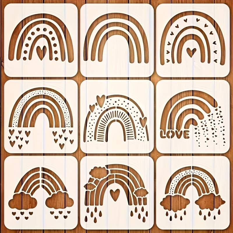 9pcs Rainbow Stencil Set, 3.94x3.94 Inches Reusable Painting Templates For Diy Crafts, Scrapbooking, Fabric, Canvas, Wall & Home Decor