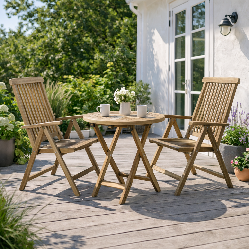 Foldbart cafesæt i silverteak - stole med armlæn. Ø66cm model: Mondena.