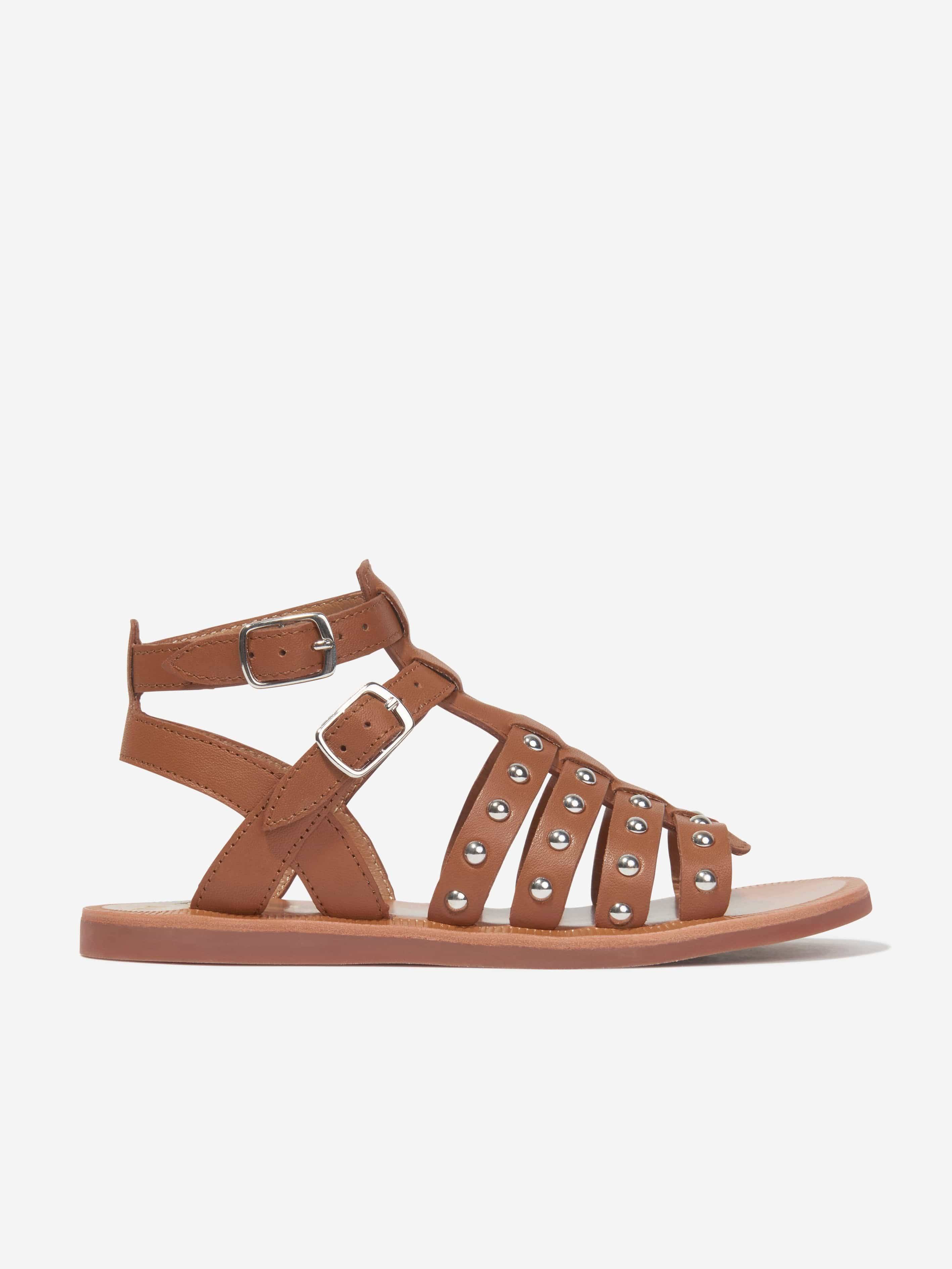 Pom D'Api Girls Leather Plagette Stud Sandals in Camel - Brown / EU 36 UK 3 (EU 36 UK 3)