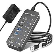 RSHTECH 7-port USB C 3.2 hubb aktiv med strömförsörjning – USB 3.1 Gen2-hub med 3 x 10 Gbps portar (Type-A, 2 x Type-C), 3,0 5 Gbps (2 x Ty-A, 2 x Ty-C) – datakabel (100 cm), 15 W 5 V/3A, RSH-ST07C-4