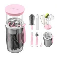 1 set bärbart flaskborstekit, silikonflask- och nappborste, torkställning, för resor - rosa (En-Storlek)