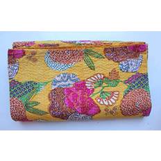 Sophia-Art Dubbel/king size, vändbart dekorativt sängöverkast i ren bomull, gudri-mönster, täcke, kantha-stil, tryck med indisk frukt, blommigt (gul, California King, 258 x 258 cm)