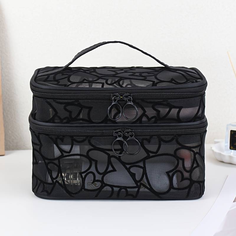 Double-layer Love Mesh Cosmetic Bag Large Capacity Portable Makeup Organizer Suitable For Travel