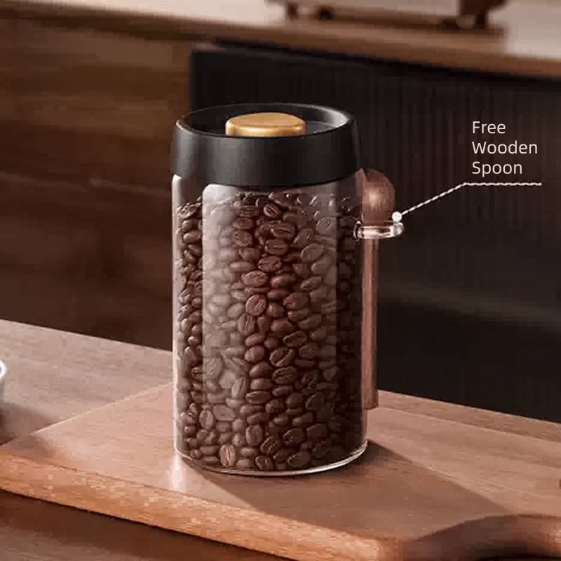 500/800/1200ml - High Quality Borosilicate Glass Vacuum Jar Includes Wooden Scoop - For Coffee Beans And Kitchen Storage Clear & Durable - Perfect For Preserving Freshness And Flavor