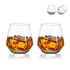 Glasseam Diamant lutat whiskyglas på 300 ml med modern look för män, kvinnor, pappa, make, vänner. Dricksglas för bourbon, rom och bar