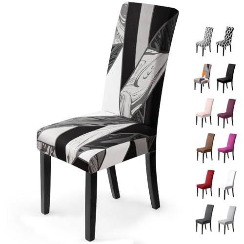Stolsöverdrag 6 Stycken Stretch Stolskydd Modernt Stolskydd för Matstolar Hållbart Matstolsöverdrag Avtagbart Tvättbar Matstolar Överdrag för Restaurang Hotell Bankett (Svart Geometri, 6 Stycken)-H