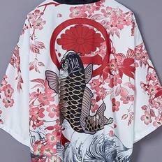 Cherry Blossom & Koi Fish Tryckt 3/4-ärmad Robe Cardigan i kinesisk stil, lös tunn sommar Japanska Haori Kimono Jackor Unisex Casual Vacation Kläder, - Vitt (L,M,XL)
