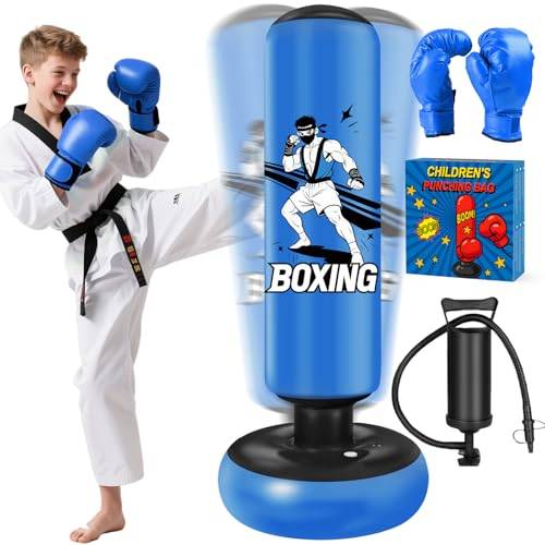 Ställboxningssäck, 168 cm Boxningssäck för Barn, Uppblåsbar Boxningspåse med Handskar och Pump för att öva MMA Karate Taekwondo Boxningsboll för Barn 5-18 år