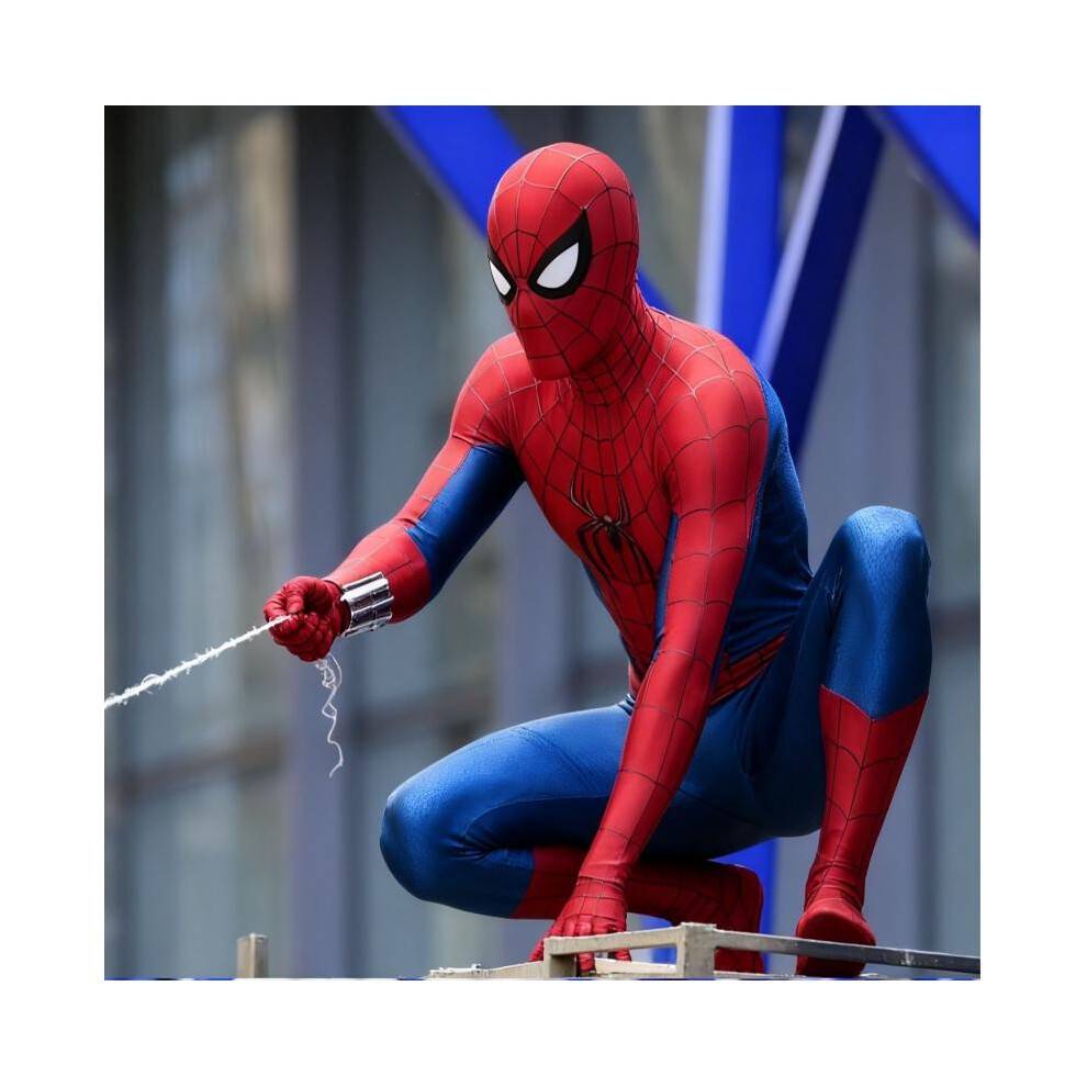 (red, 120) Red Blue Classic Spider Suit Full Zip Jumpsuit Halloween Cosplay Costume Adult Kid