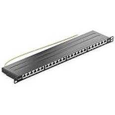 deleyCON CAT 6 0,5U Patch Panel Mini Distributionspanel 24 Port - Stationär 19 Tums Rackmonterad Servermontering RJ45 Skärmad TIA568A TIA568B RAL 9005 Svart