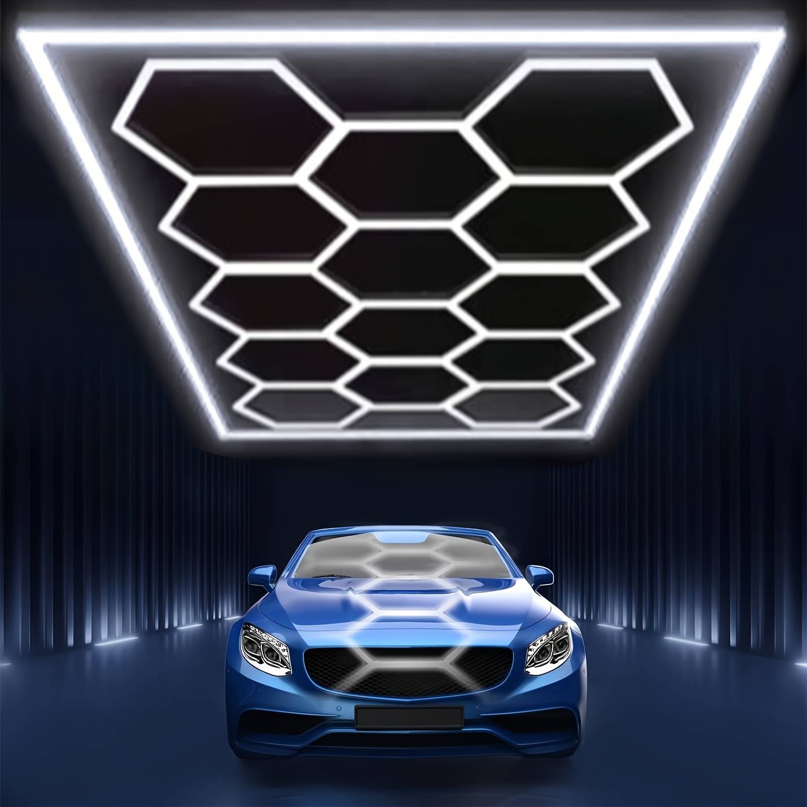 TEMU 14-hole Hexagon Led Ceiling Light With Blue Polished Golden Metal Frame, Cool White, Ceiling Light, Suitable For Garages, , , Car Beauty Shops, -free Diy Assembly, For Car & Large Work Areas