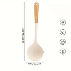 TEMU Silicone Soup Spoon With Wooden Handle - Large, High-temperature Resistant, Ideal For Serving Soups And Porridges In Restaurants And Kitchens, Commercial Grade