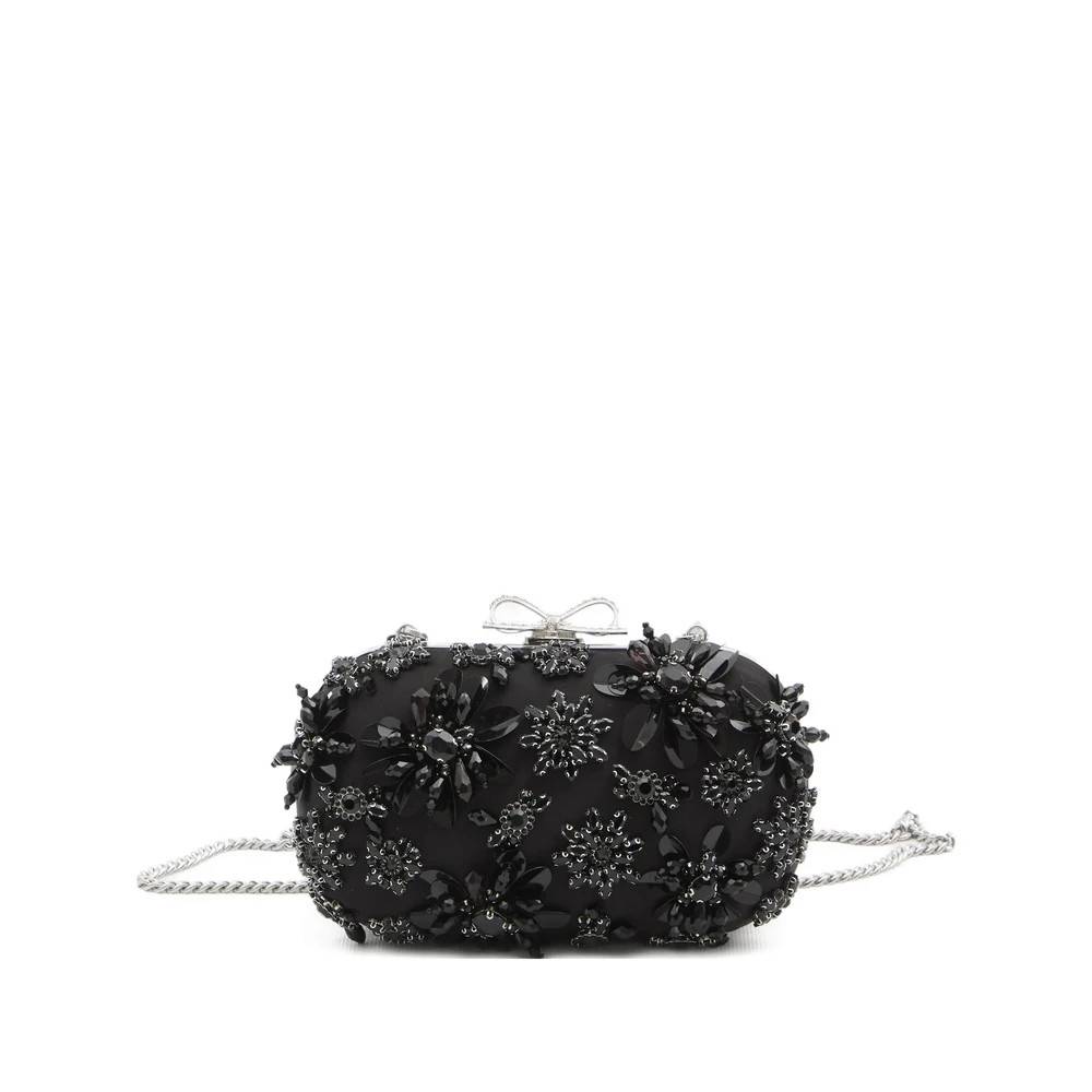 Self Portrait, Tasker , Dame, Sort, ONE SIZE, Satin, Satin Floral Crystal Clutch Taske
