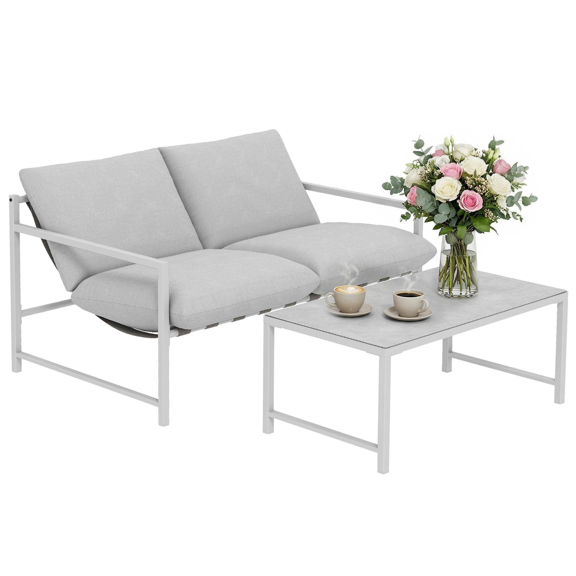 2-delat utomhus trädgårds loungeset, soffa med dynor, 3D marmorerat härdat glas soffbord, 125x80x64cm, Ljusgrå