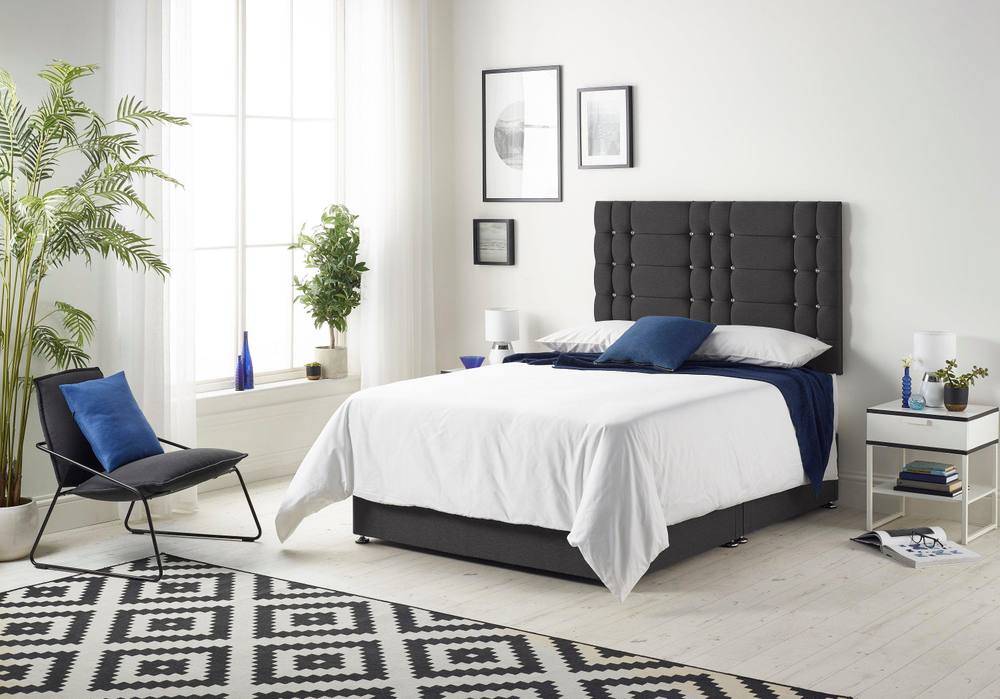 Somnior Bliss Sprung Memory Foam 2 Drawer Divan Bed with Upholstered Headboard Plush Velvet in Black | Size: Single