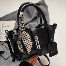 Imiterat läder Enfärgad Scarf Decor Tote Bag & Crossbody Bag, Mångsidig Casual För kvinnor - Svart (En-Storlek)