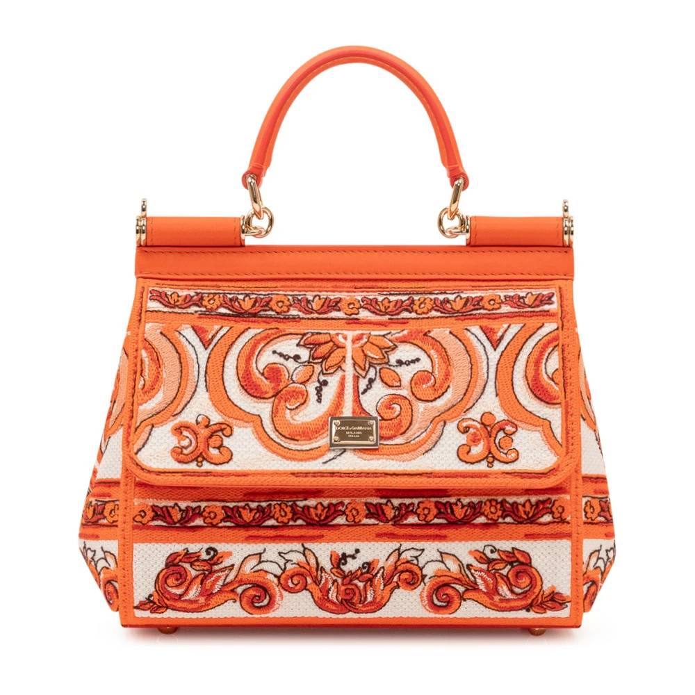 Dolce & Gabbana Lille Sicily Håndtaske med Majolica Broderi - Tasker - Dame - Orange - ONE SIZE - Bomuld