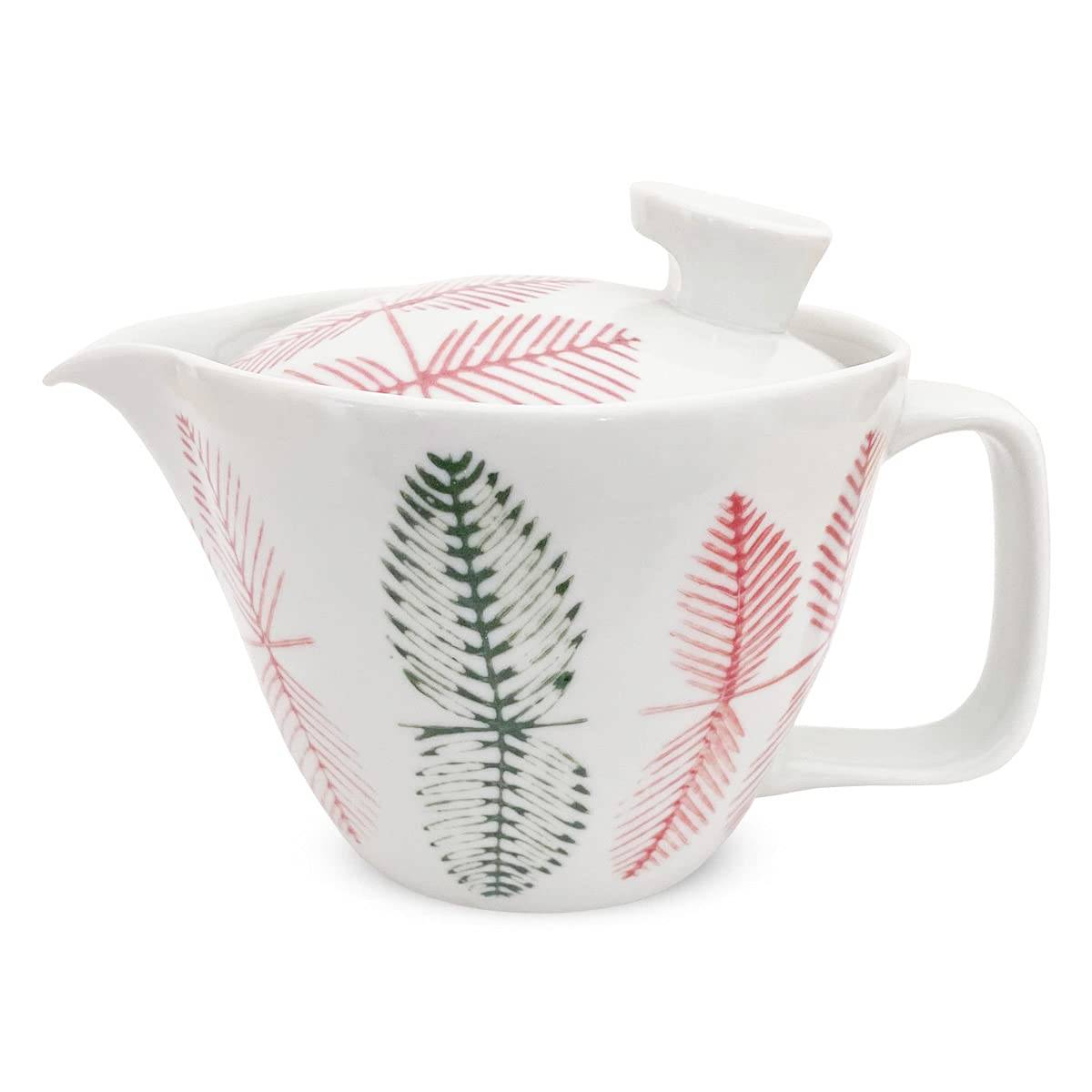 J-kitchens Kunzan Kiln Teapot with Strainer, 240ml Capacity, for 1-2 People, Hasami Ware, Made in Japan, Leaf Pattern, Red, Size S
