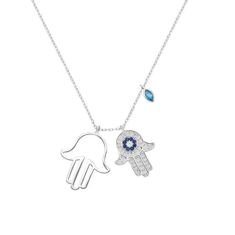 Elegant halsband med Fatimas hand och skyddande onda ögat - Yasmin - Silver