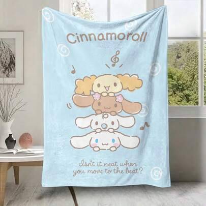 Sanrio Cinnamoroll flanellpläd, mjuk och mysig plyschfilt i fleece med staplat tryck av Cinnamoroll & vänner och musiknoter, ljusblå bakgrund, lämplig - färg 1 (Multi-size)