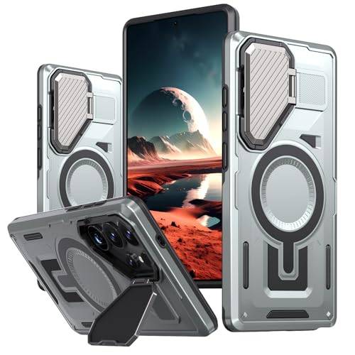 Lzzox för Samsung Galaxy S25 Ultra Case trådlöst magnetiskt skydd med metallställ kameraskydd stötsäkert anti-fall hårt skal på baksidan (silver, S25 Ultra)
