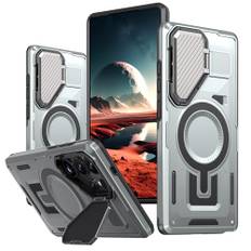 Lzzox för Samsung Galaxy S25 Ultra Case trådlöst magnetiskt skydd med metallställ kameraskydd stötsäkert anti-fall hårt skal på baksidan (silver, S25 Ultra)