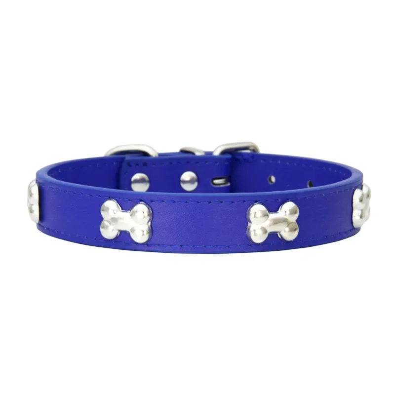 Durable Leather Dog Collar with Bone Design for Small to Large Dogs - DEEP BLUE / L
