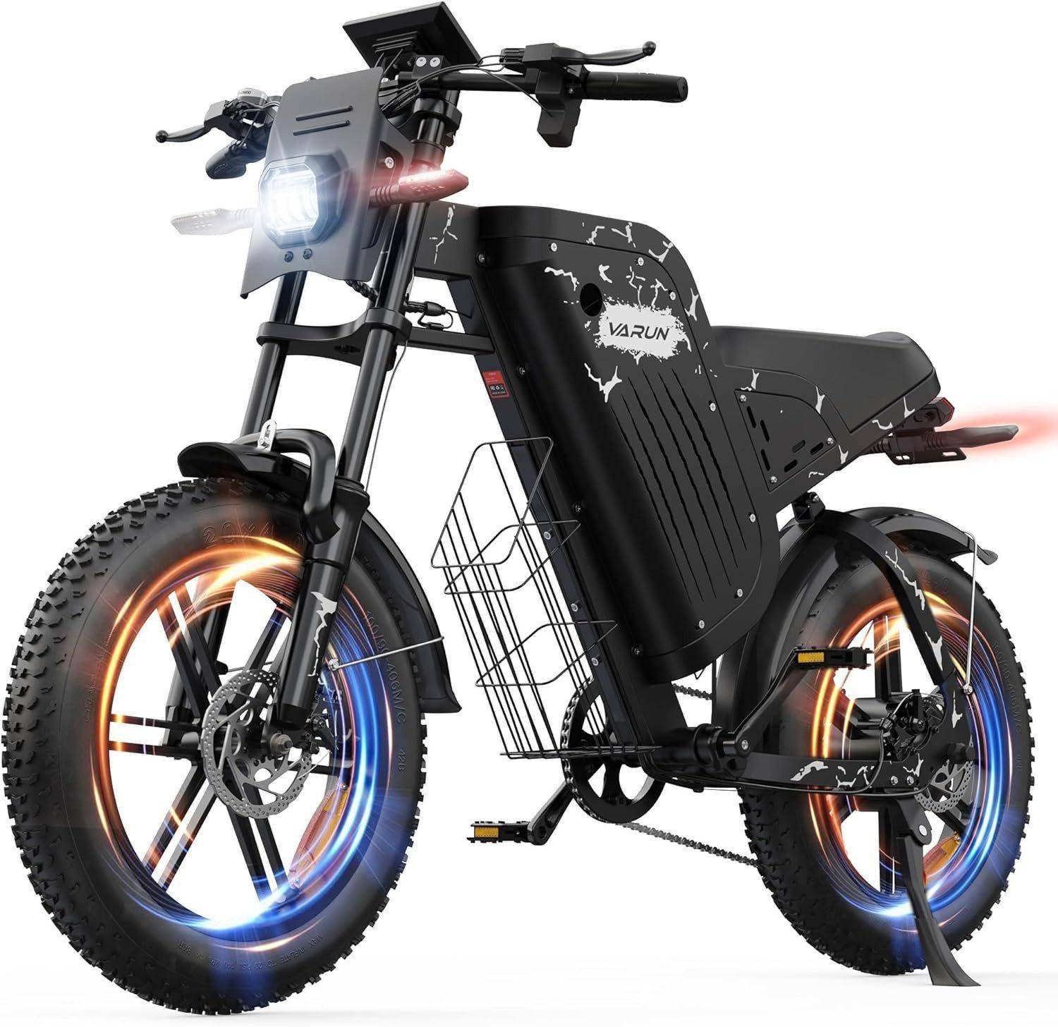 20-inch adult fat bike e-bike with 48V 31.5Ah battery, 87-mile range, suspension and turn signals svart