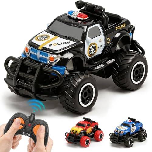 Pup Go polisbil fjärrstyrd med ljus för barn 3–9 år, robust polisbil leksak småbarn, mini RC bil monstertruck offroad inomhus utomhus, jul födelsedagspresent pojke, svart