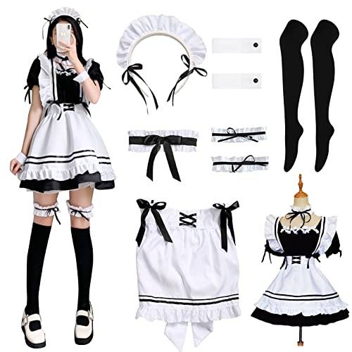 YushengTai Maid-klänning, Cosplaydräkt, Klassisk Klänning, French Maid-klänning, Med Pannband, För Jul, Halloween och Cosplay, Storlek XL, Svart och Vit