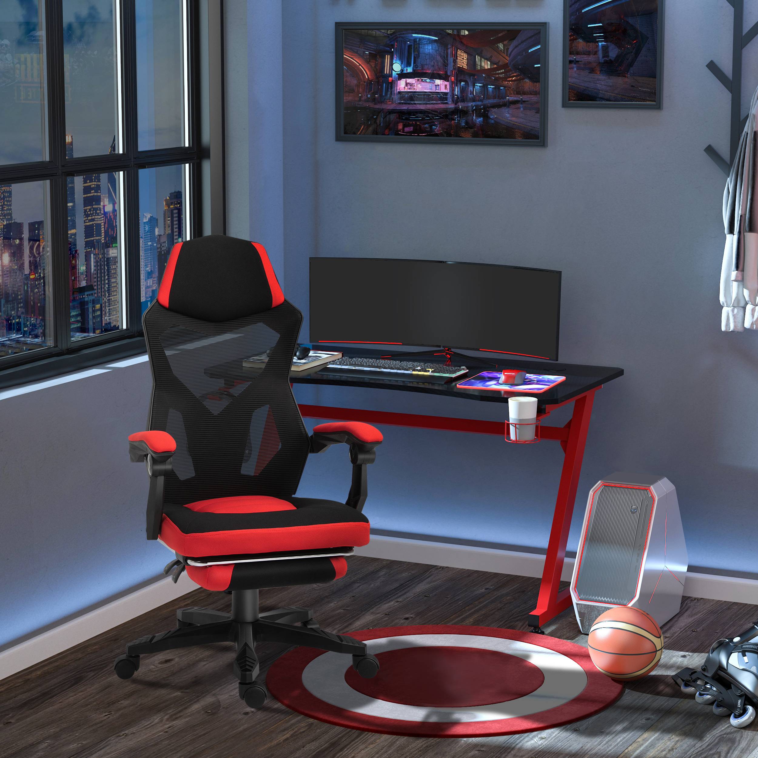 Gaming Chair Ergonomisk Skrivebordsstol med Fodstøtte Højdejusterbar Polyester Sort Rød 58 x 72 x 112-122 cm til Kontor & Gaming.