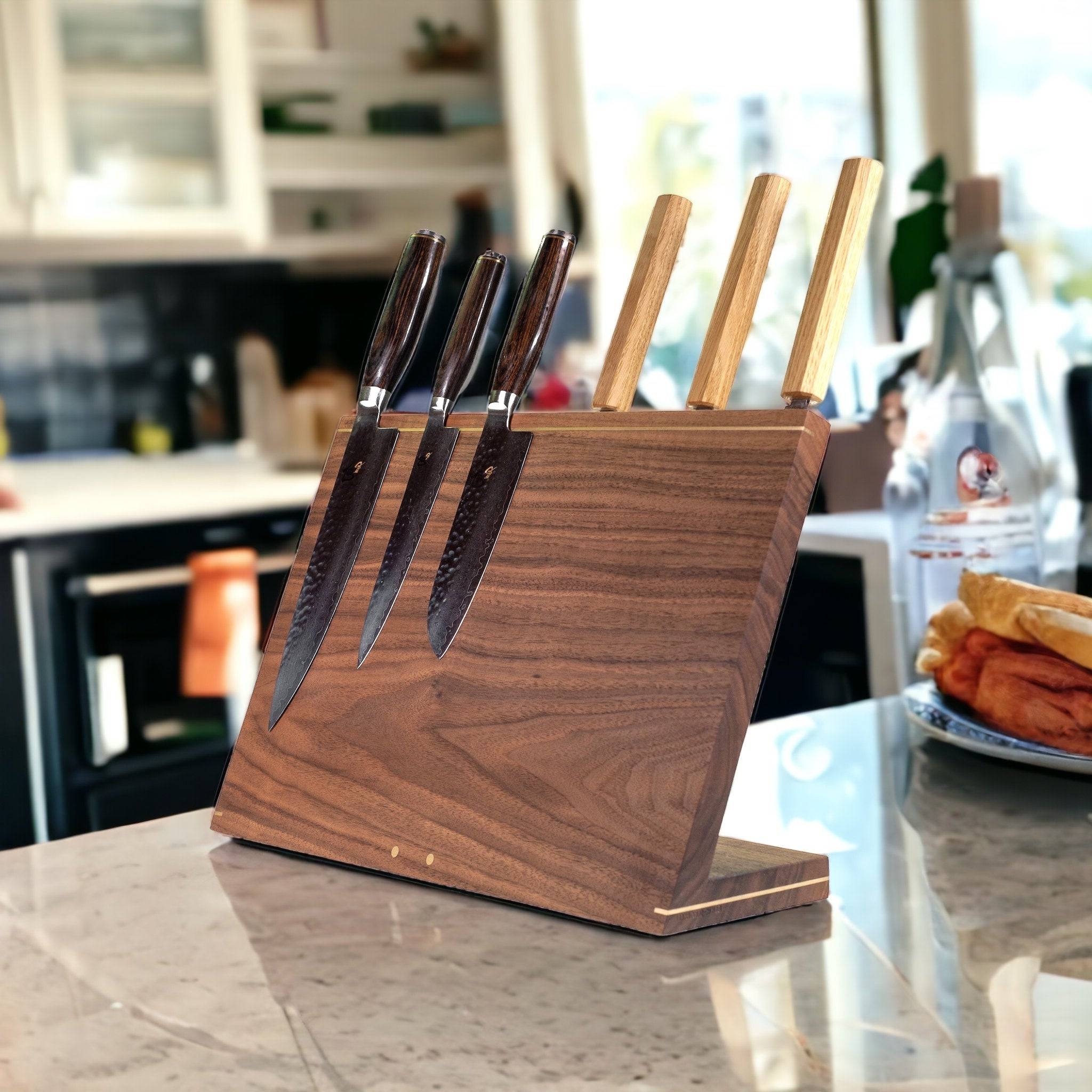 Windswept Exclusive – magnetic knife block with brass details in several sizes and wood species - 60x25x2 cm / magnetic on both sides / Walnut
