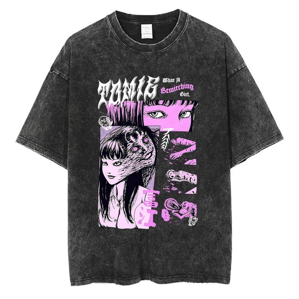 Anime Tomie Junji Ito Vintage Tvättad T-shirt Herr Dam Manga Skräck Gotisk Rock T-shirts Manlig Retro Högkvalitativa Bomulls-T-shirts cm black