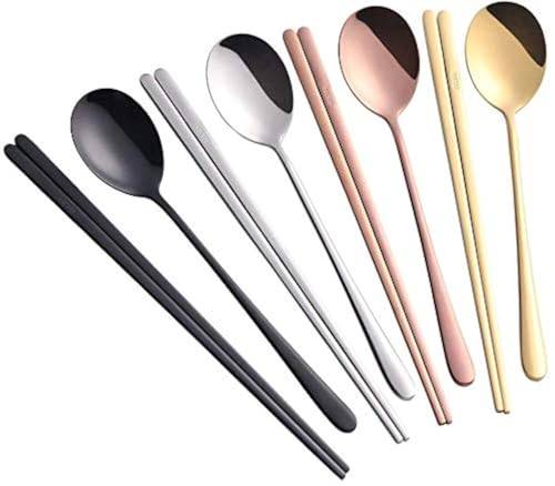 Buyer Star 4 set sked ätpinnar, 4 färger återanvändbar metall rostfritt stål koreanska ätpinnar sked set