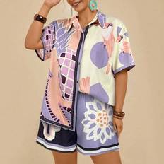 Plus Size Women&#39;s Casual Vacation Tropical Bohemian Fruit & Plant Print Asymmetric Short Sleeve Shirt Top + Beach Shorts 2 Pieces Set - Multicolor - 0XL,1XL,2XL,3XL,4XL