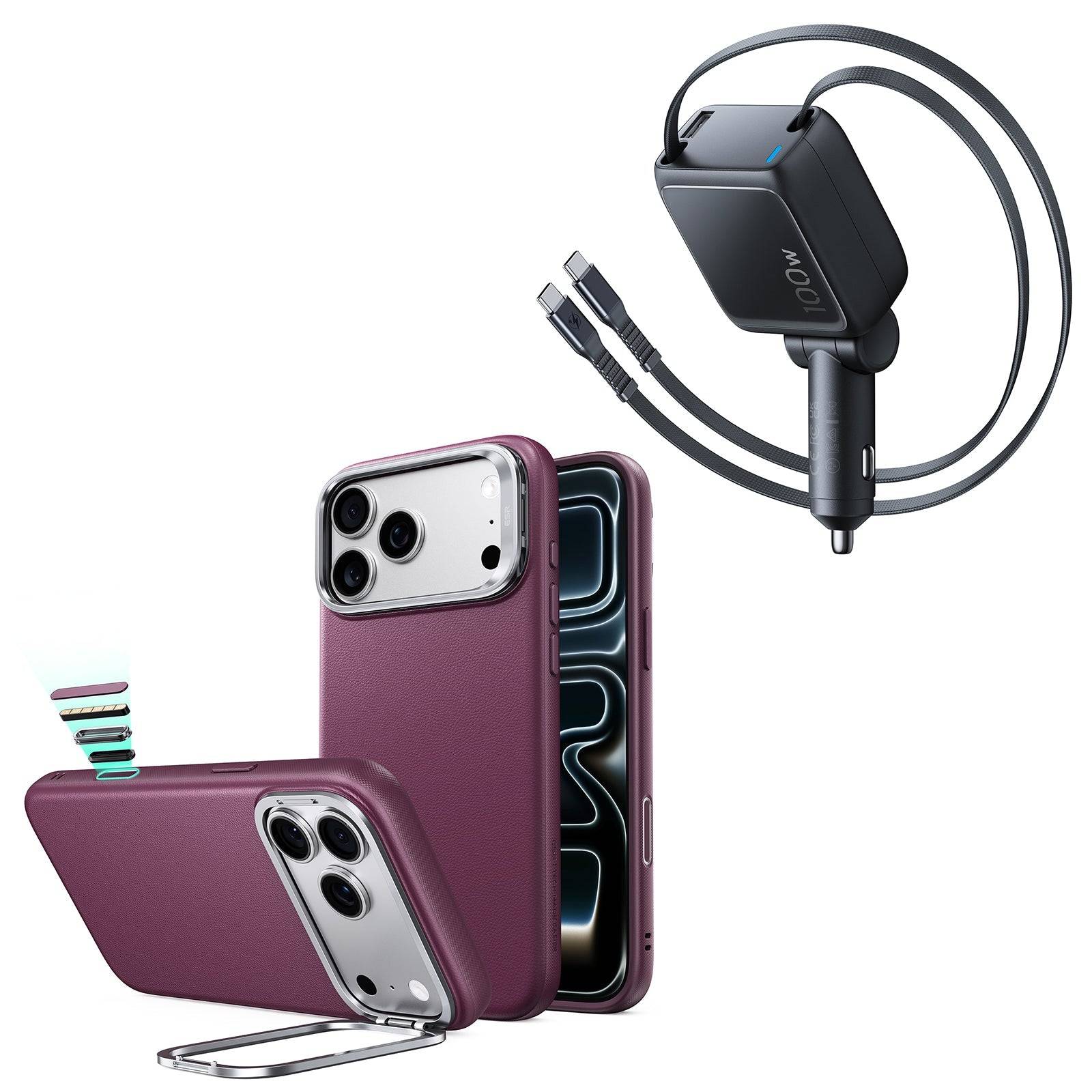 iPhone 18 Pro Max Atelier Silicone Leather Magnetic Case with Camera Control and Flex Stand, Plus Xtend 100W Retractable Car Charger Bundle - Deep Burgundy - Deep Burgundy
