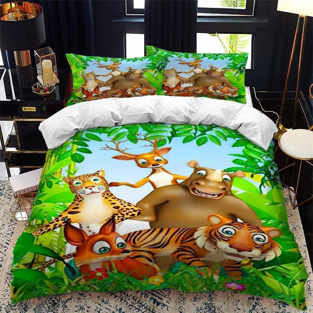 Tecknad Zoo Djur Sängklädesset Pojkar Flickor Enkel Queen Size Påslakan Örngott Säng Barn Vuxen Mode Hemtextil EU Single 135x200cm