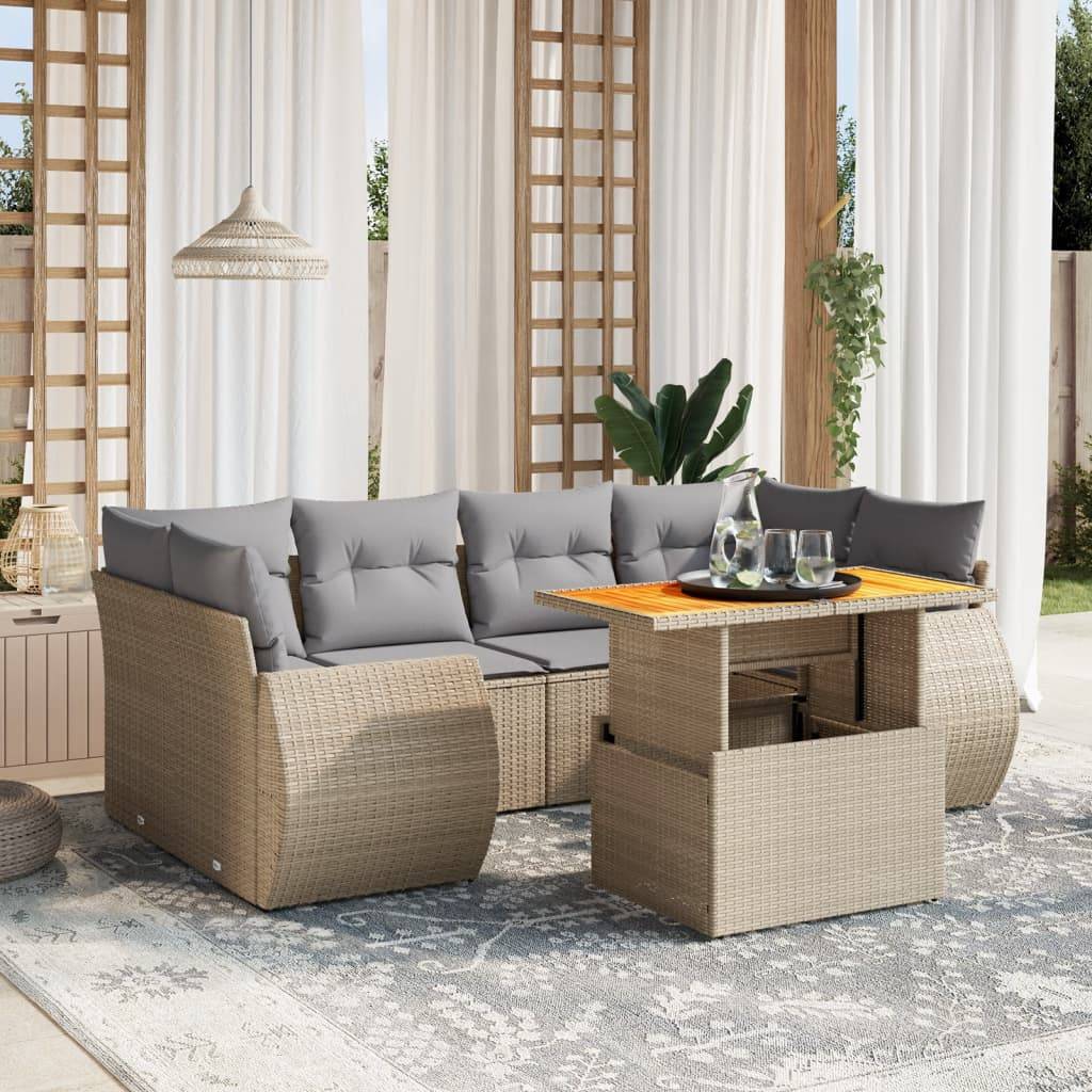 vidaXL Matgrupp för trädgården med dynor 7 delar beige konstrotting