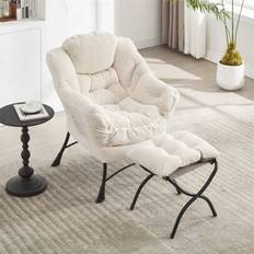 Modern loungefåtölj med fotpall – Vit accentfåtölj med sidoficka och fotstöd – Platsbesparande läs-/fritidsfåtölj för små utrymmen - Vitt