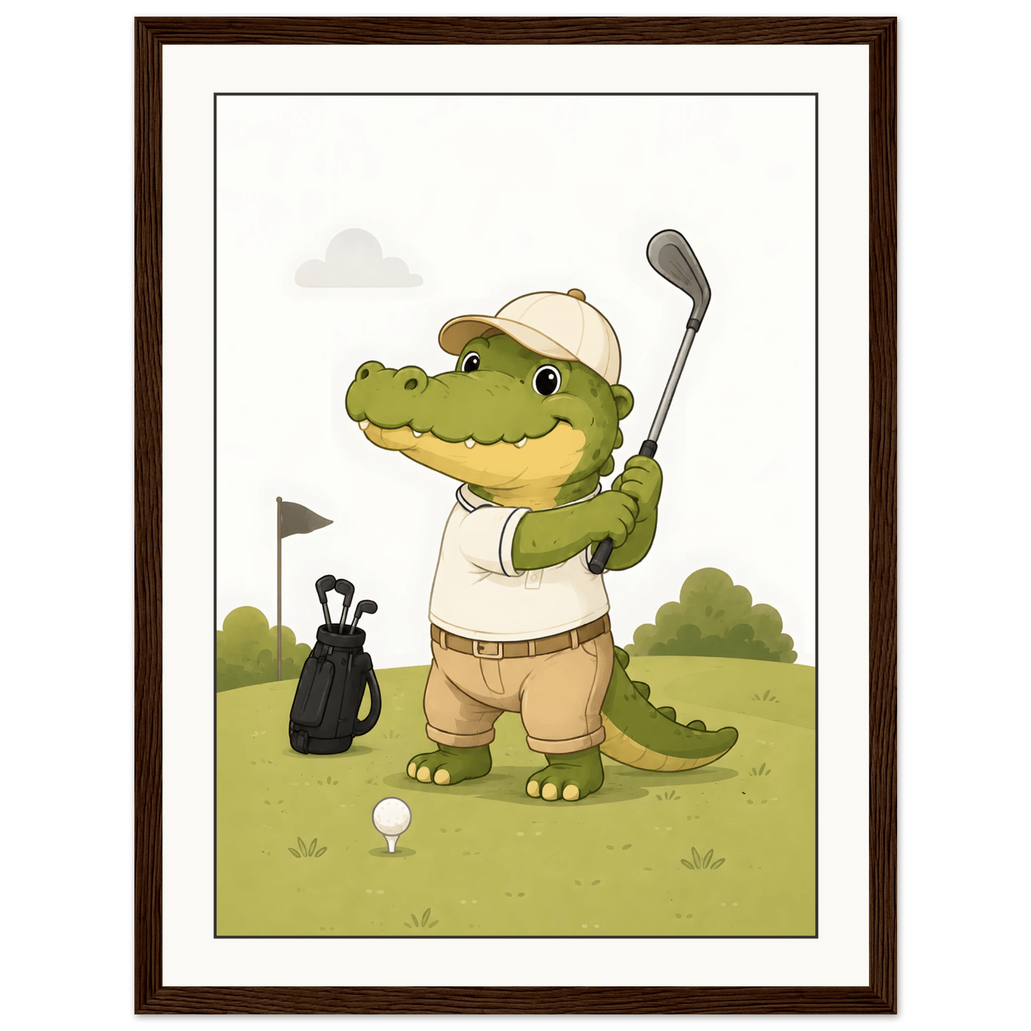 Krokodil spelar golf-30x40 cm / 12x16″ / Med ram / Mörkt trä