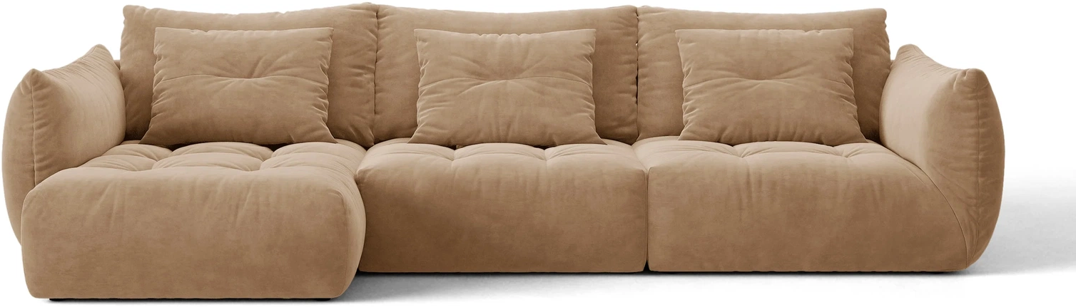 Chaiselongsofa/hjørnesofa Micadoni Bloom venstrevendt, mandelbeige velour Casino Lion H97xB327xD152 cm, 6-sæders.