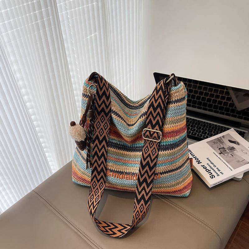 Stor kapacitet randig vävd stråväska dam sommar ny axel crossbody strandsemester strandväska gray
