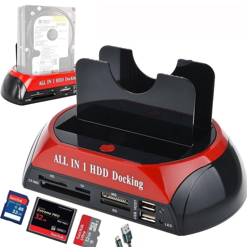 Hårddisk dockningsstation usb 2.0 to 2.5 3.5 tum sata ide dubbla kortplatser extern hdd ssd hölje med kortläsare och usb-hub - Us plugg